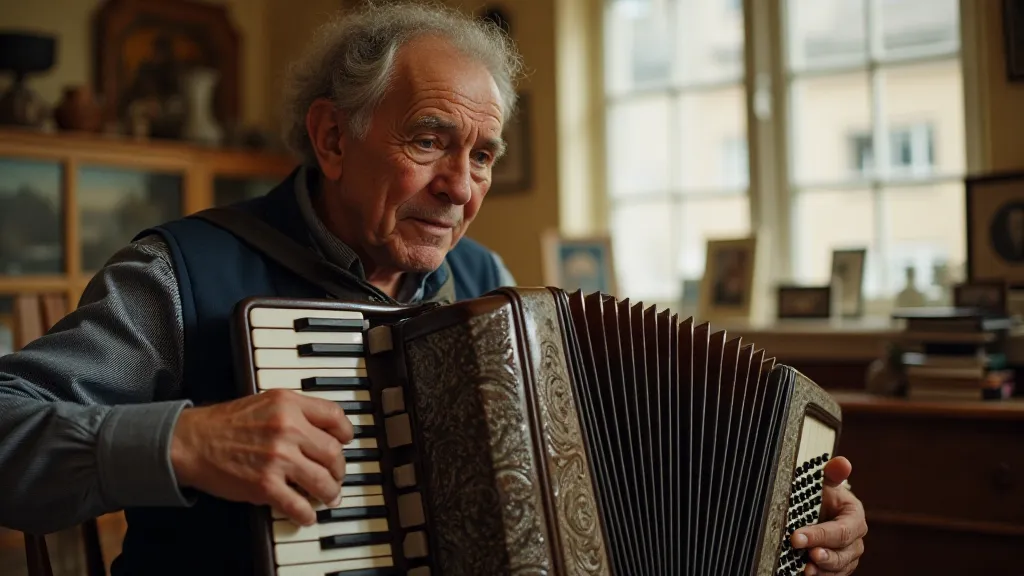 Elderly musician tuning an accordion