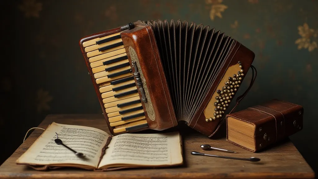 Accordion, tuning forks, and sheet music still life