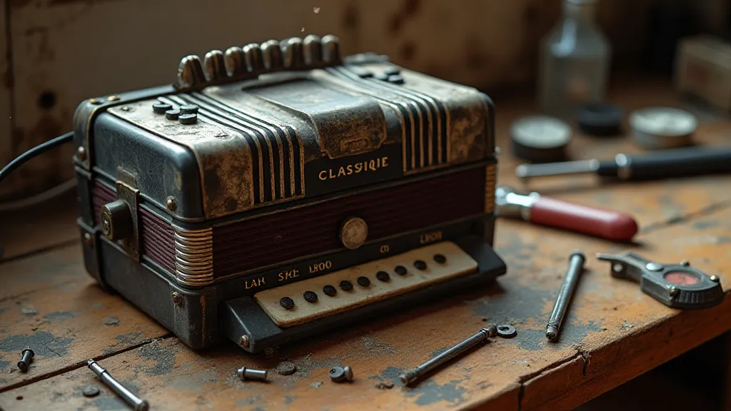 Vintage accordion on a workbench
