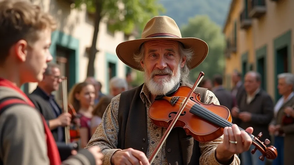 Elderly musician playing fiddle in village square
