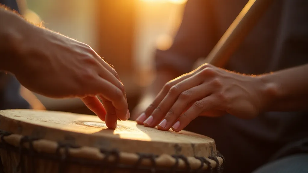 Two musicians collaborating, one with an African drum and the other with a string instrument.