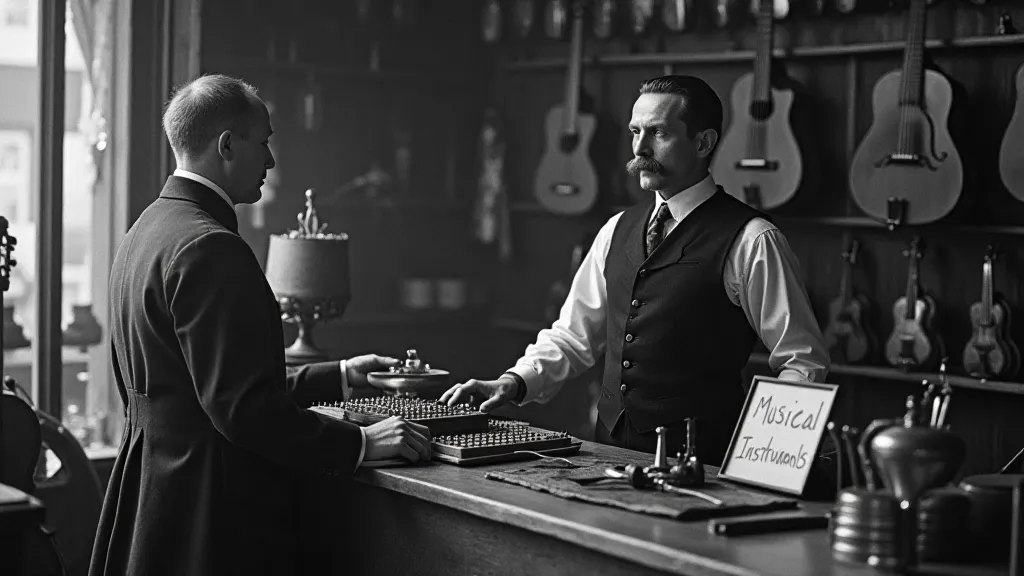 Vintage music shop with instruments on display